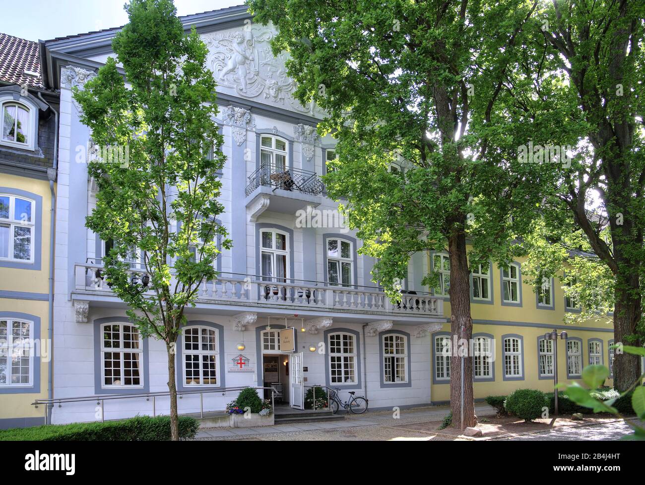 Historic Hotel Fürstenhof Main portal Bad Pyrmont, Staatsbad Emmertal, Weserbergland, Lower Saxony, Germany Stock Photo