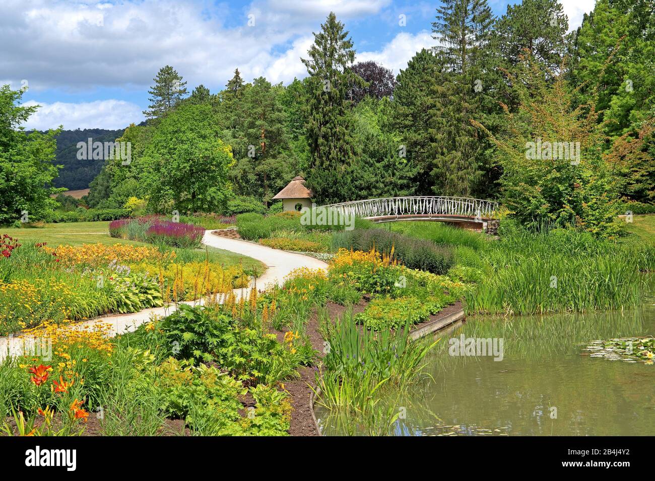Malerblick with pond in the spa park Bad Pyrmont, Staatsbad Emmertal, Weserbergland, Lower Saxony, Germany Stock Photo