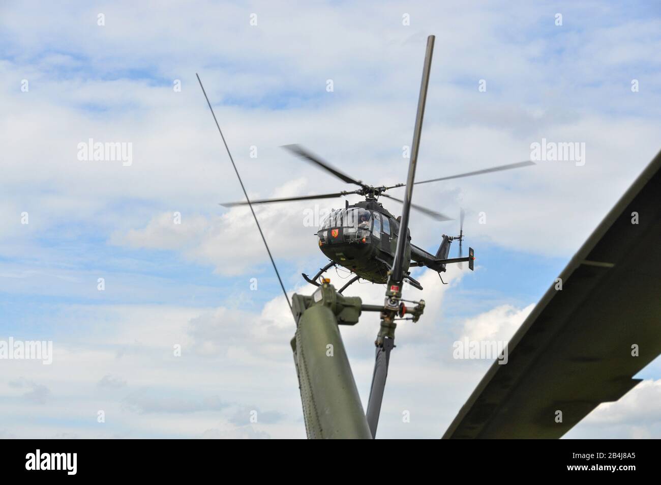 Germany, Saxony-Anhalt, Fischbeck, helicopter of the Bundeswehr lands, dyke break at Fischbeck, century flood in 2013, Germany. Stock Photo