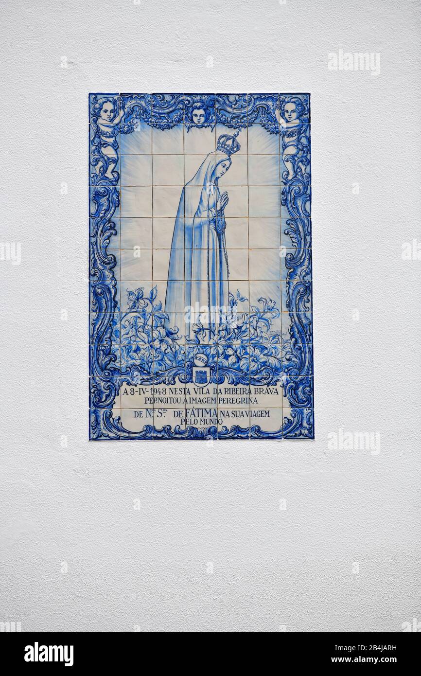 Azulejo tile tiled, painted ceramic tiles from SÃ£o Bento Igreja church, Ribeira Brava, Madeira Island, PortugalRibeira Brava, Madeira Island, Portugal Stock Photo