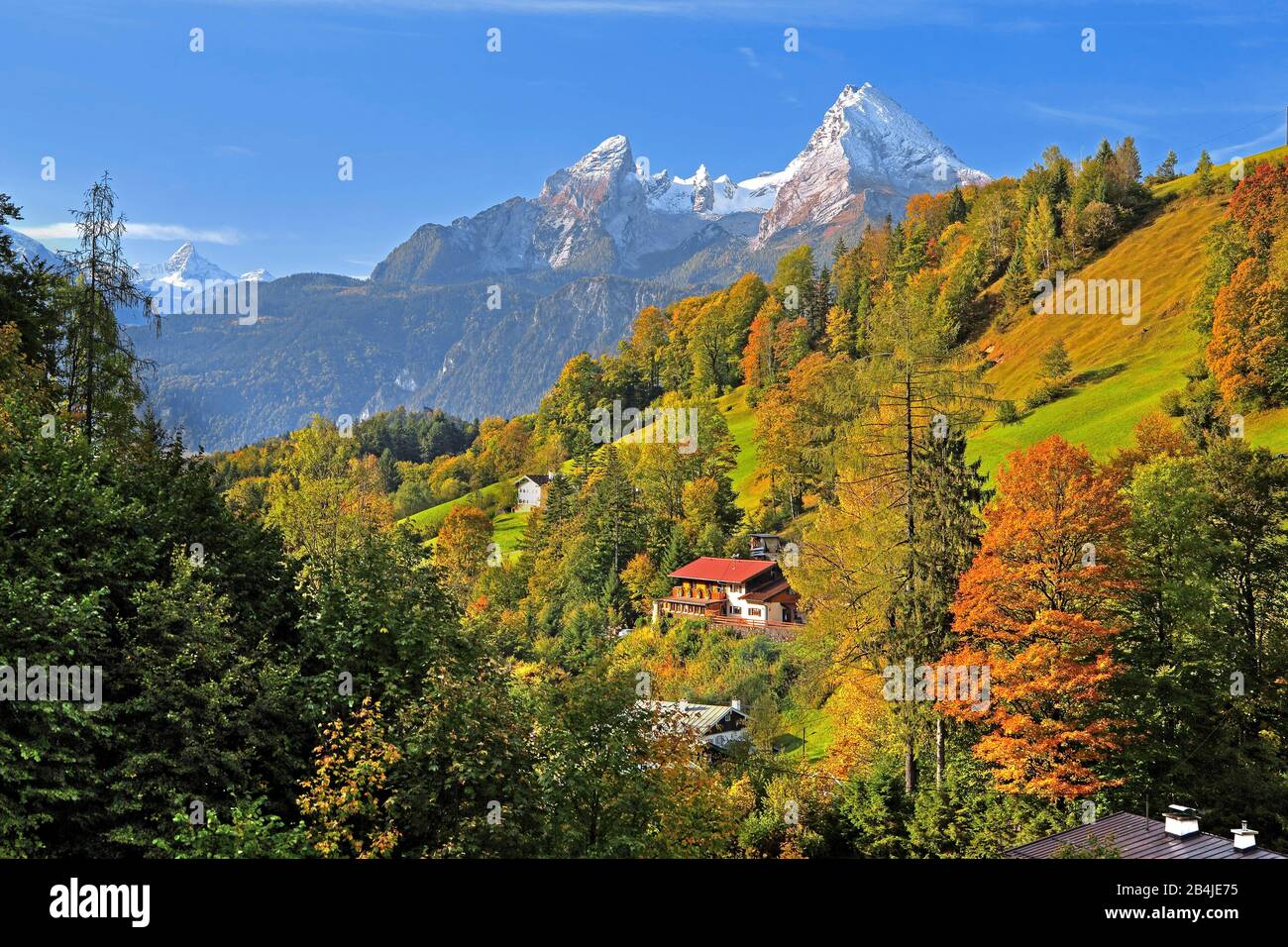 High valley of Maria Gern with farm against the Watzmann (2713m), Berchtesgaden, Berchtesgadener Land, Upper Bavaria, Bavaria, Germany Stock Photo