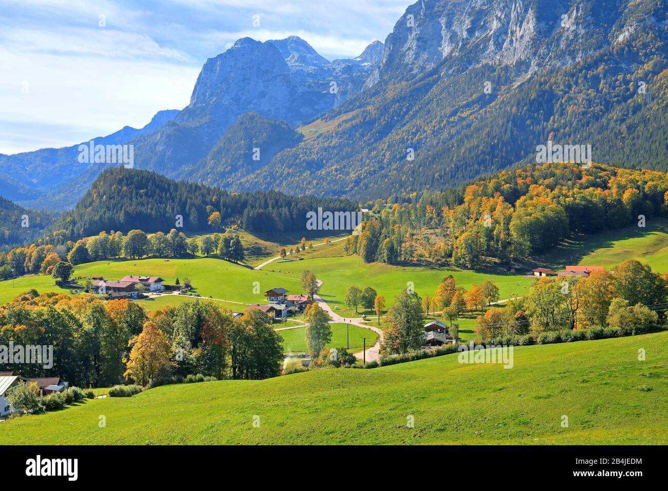 Landscape with meadow slopes and farms against the Reiteralpe (2286m), Ramsau, Berchtesgadener Land, Upper Bavaria, Bavaria, Germany Stock Photo