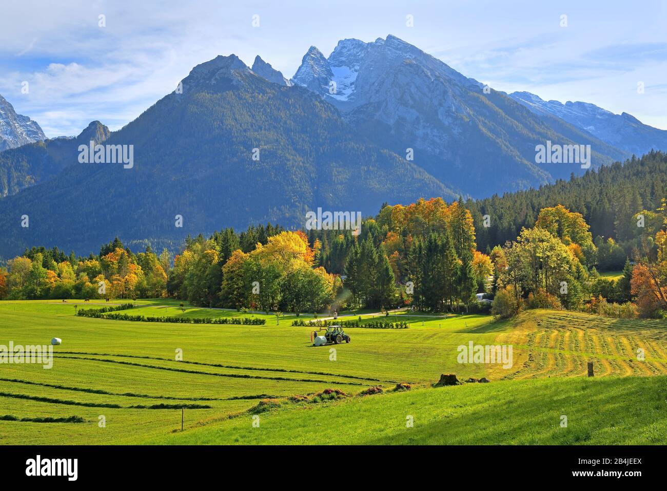 Mountain meadow with haymaking against Hochkalter (2607m), Ramsau, Berchtesgadener Land, Upper Bavaria, Bavaria, Germany Stock Photo