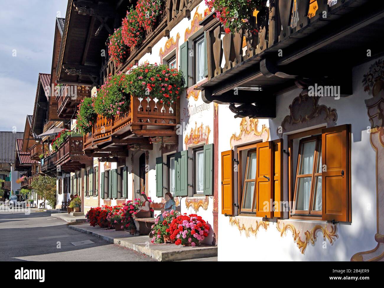 Traditional Upper Bavarian villas with flower balconies, Garmisch-Partenkirchen, Werdenfelser Land, Upper Bavaria, Bavaria, Germany Stock Photo