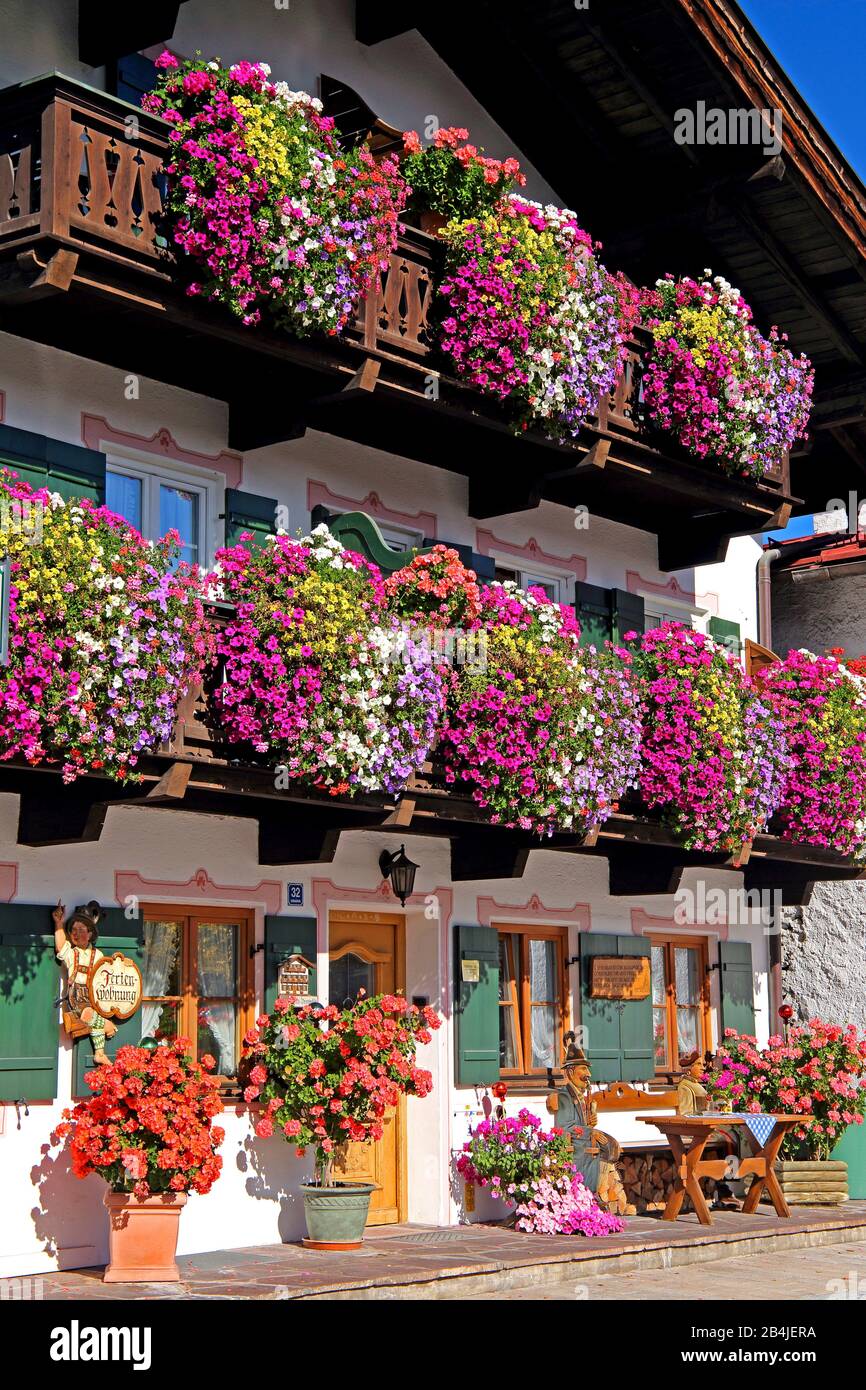 Traditional Upper Bavarian house with flower balconies, Garmisch