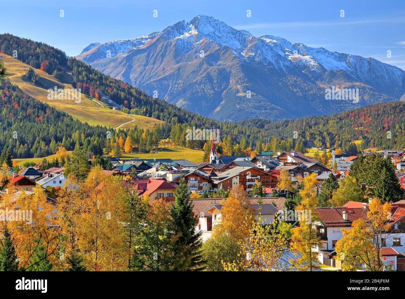 View of the village against the Hocheder (2646m), Seefeld, Tyrol, Austria Stock Photo