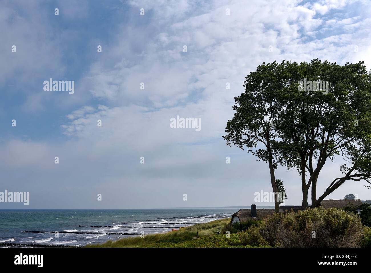 View over dune landscape with fisherman's house and Baltic Sea waves in Ahrenshoop in the early morning in summer Stock Photo