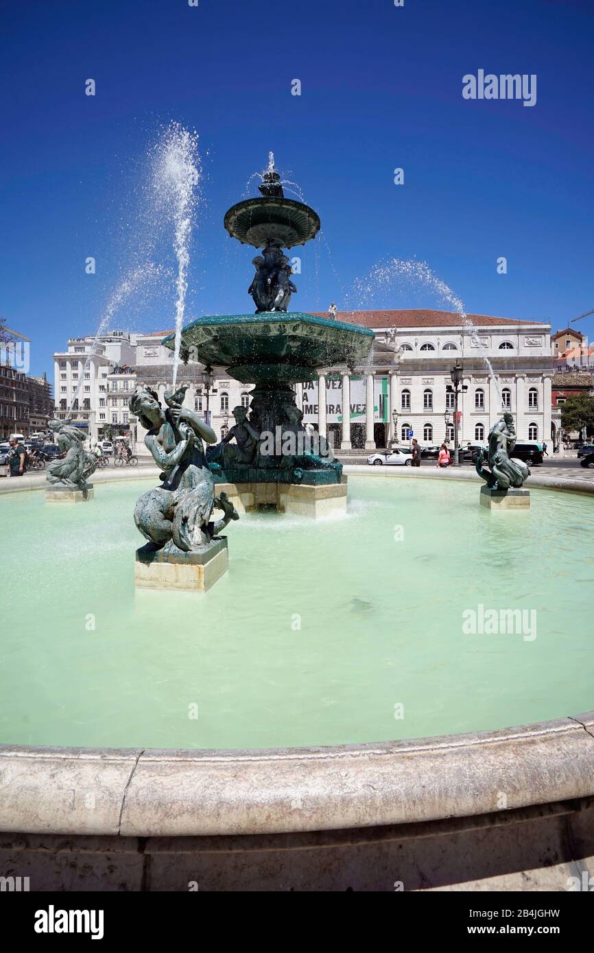 Europe, Portugal, Lisbon region, Lisbon, Praca Dom Pedro IV, Praca do Rossio, Rossio square, bronze fountain, National Theater Stock Photo