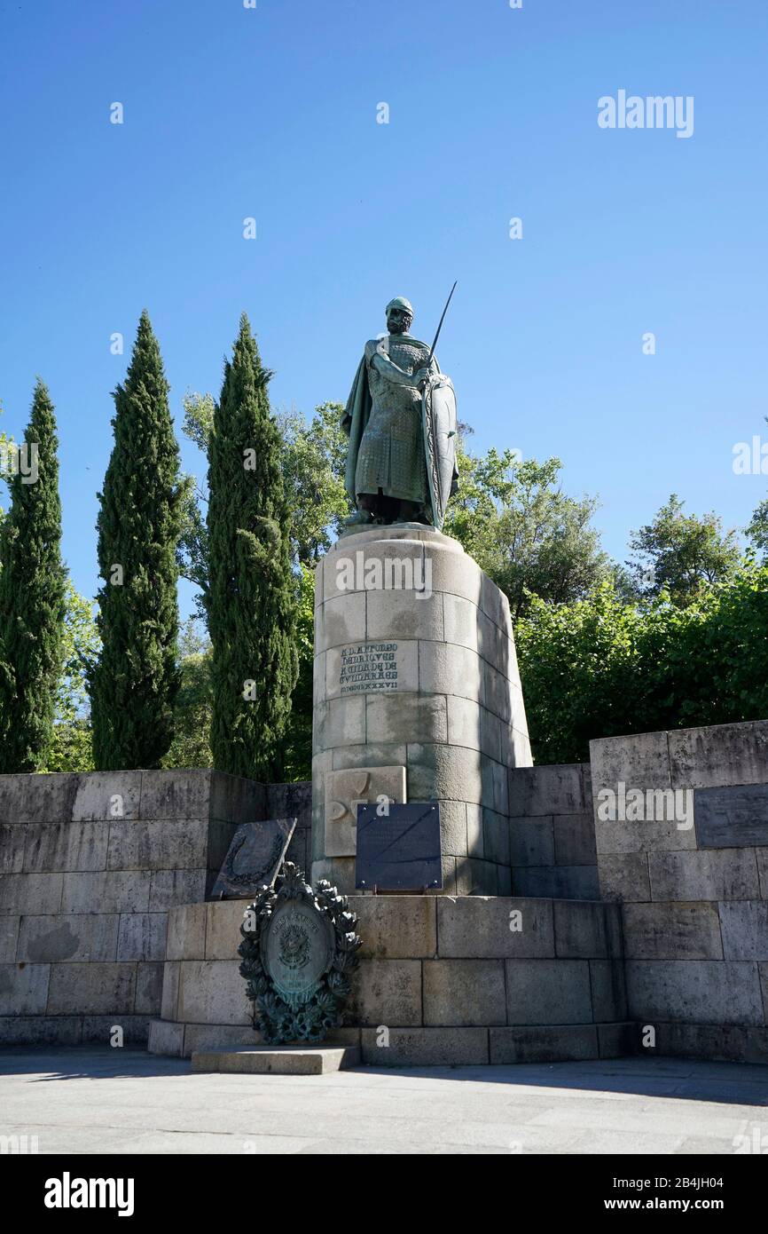 Europe, Portugal, Northern Region, Guimaraes, Castelo de Guimaraes, Guimaraes Castle, statue of Alfonso Henriques, first king of Portugal Stock Photo