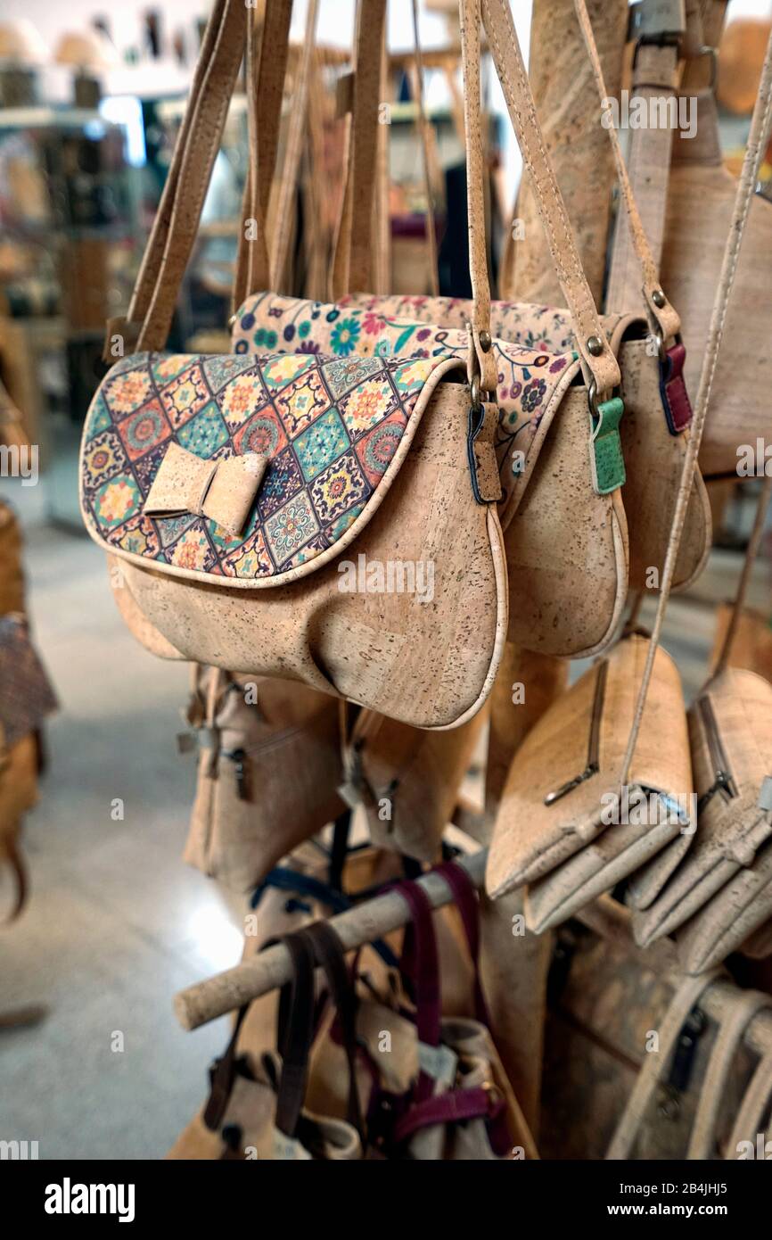 Europe Portugal Alentejo region Evora cork factory manufactured cork products showroom bags handbags Stock Photo Alamy