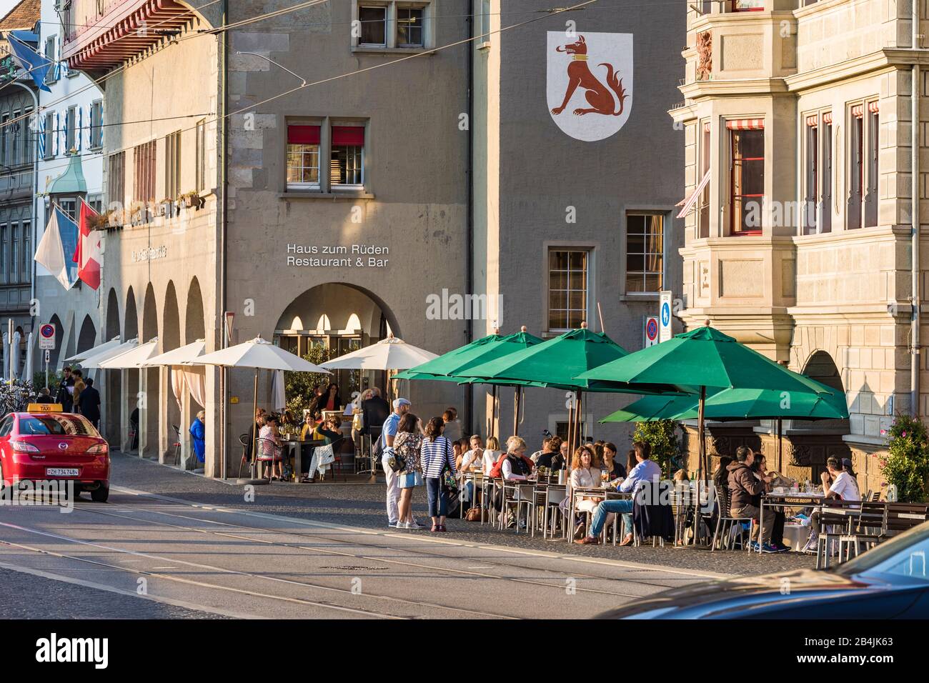 Switzerland, Canton of Zurich, Old Town, Limmatquai, street scene, guild houses, restaurants, house for boys, guildhall for carpenters Stock Photo