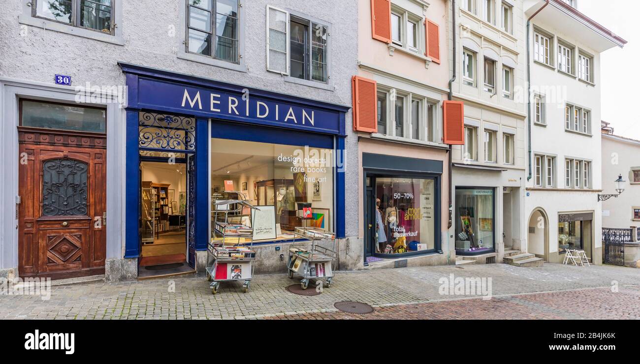 Switzerland, Canton Zurich, Old Town, Oberdorf, Kirchgasse, shops, meridian, gallery and bookstore Stock Photo