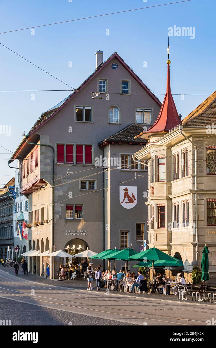 Switzerland, Canton Zurich, Old Town, Limmatquai, guild houses, restaurants, house for males, Zunfthaus zur Zimmerleuten Stock Photo