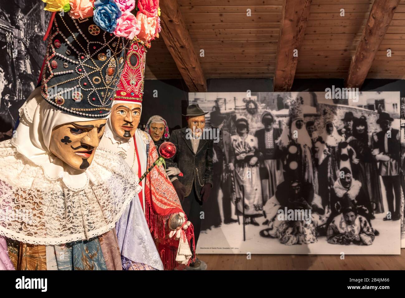 the exhibition of traditional masks in Algundei Museum of Dosoledo, Comelico Superiore, Belluno, Veneto, Italy Stock Photo