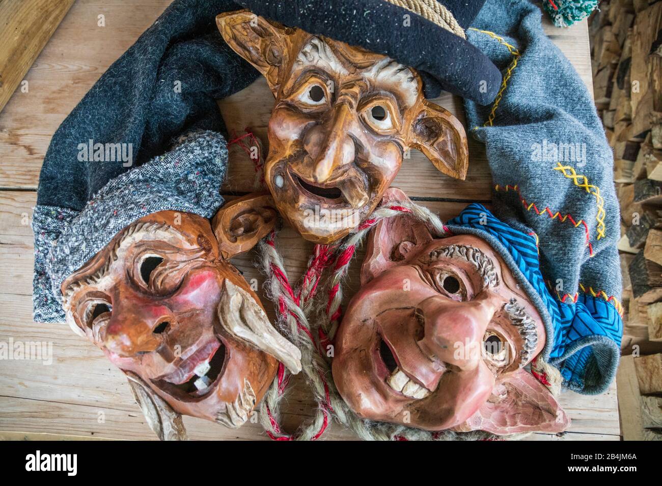 Traditional wooden masks from Comelico, Casamazzagno, Comelico Superiore, Belluno, Veneto, Italy Stock Photo
