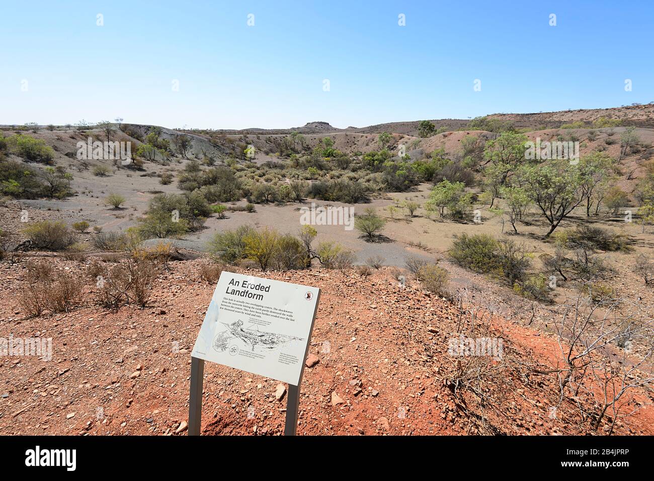 Information sign in front of Henbury craters, the site of a meteorite impact, Stuart Highway, Northern Territory, NT, Australia Stock Photo