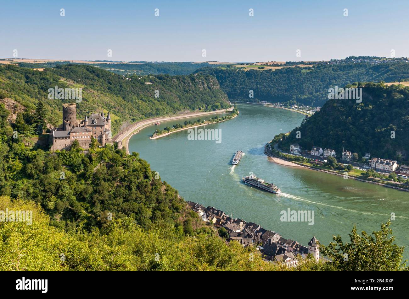 Katz Castle in the Loreley Valley, Middle Rhine, spectacular views at the 3-Burgenblick, left behind the Loreley, part of the Rheinsteig- and Burgenwanderwegs, Stock Photo