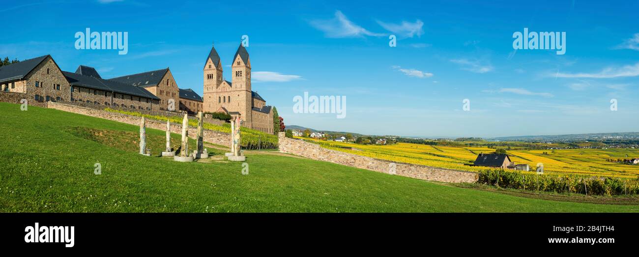 panorama of the Abbey of St. Hildegardis of Bingen in the Rheingau, above Rüdesheim in Eibingen on the Middle Rhine, neo-Romanesque Benedictine monastery, Unesco World Heritage Upper Middle Rhine Valley, original has 150 megapixels Stock Photo