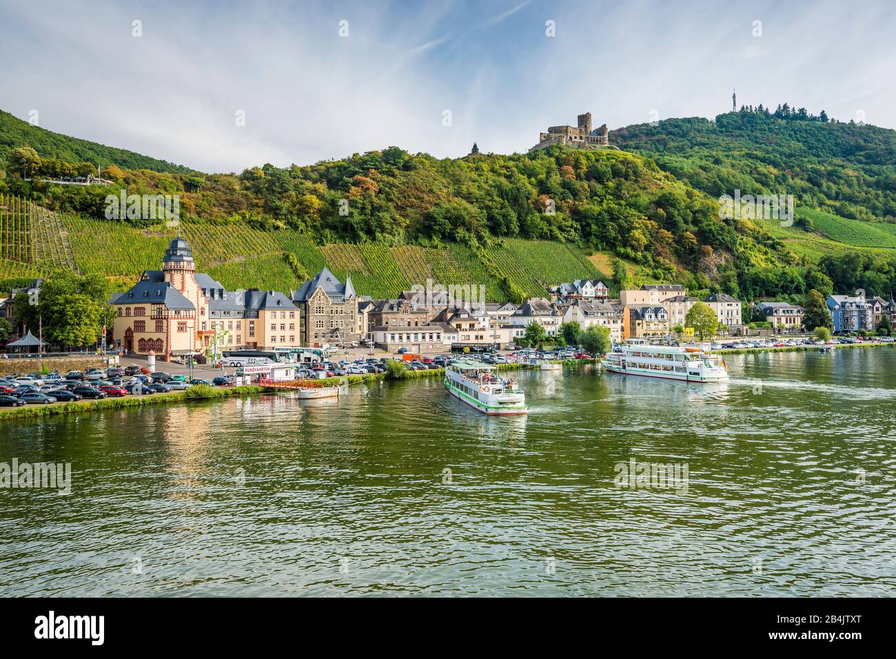 Bernkastel with Burg Landshut, Mittelmosel, popular destination by car and boat, historic market place is worth seeing, Stock Photo