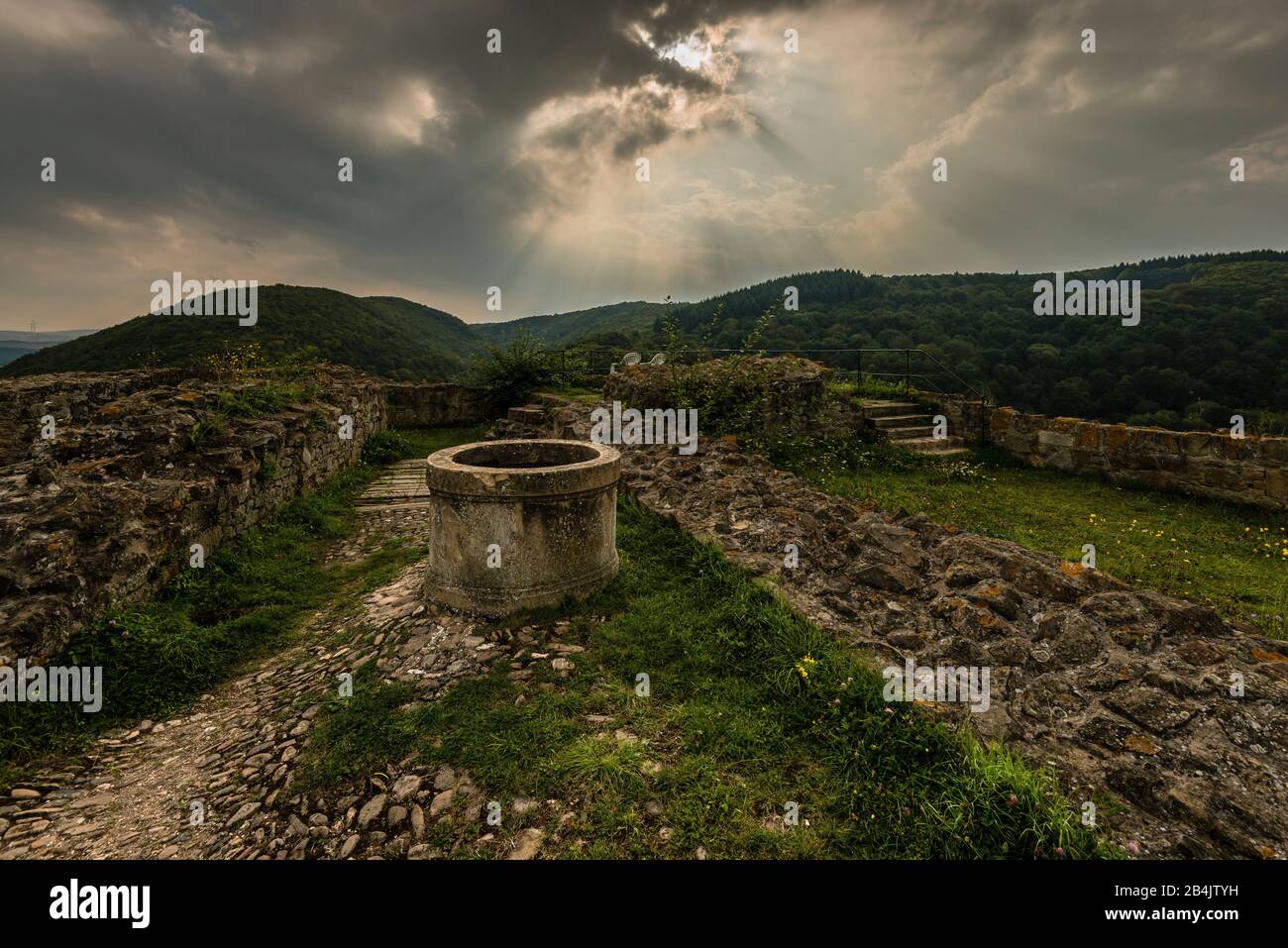 The ruin Kyrburg in Kirn in the Nahe valley, mystical mood, eerie light, Stock Photo