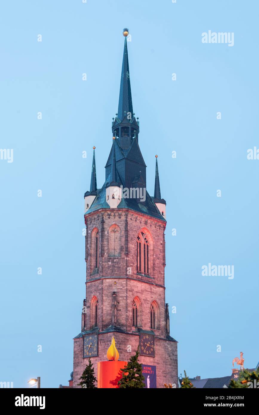 Germany, Saxony-Anhalt, Halle, Red Tower, Advent Candle, Christmas Market, Halle City Hall. Stock Photo