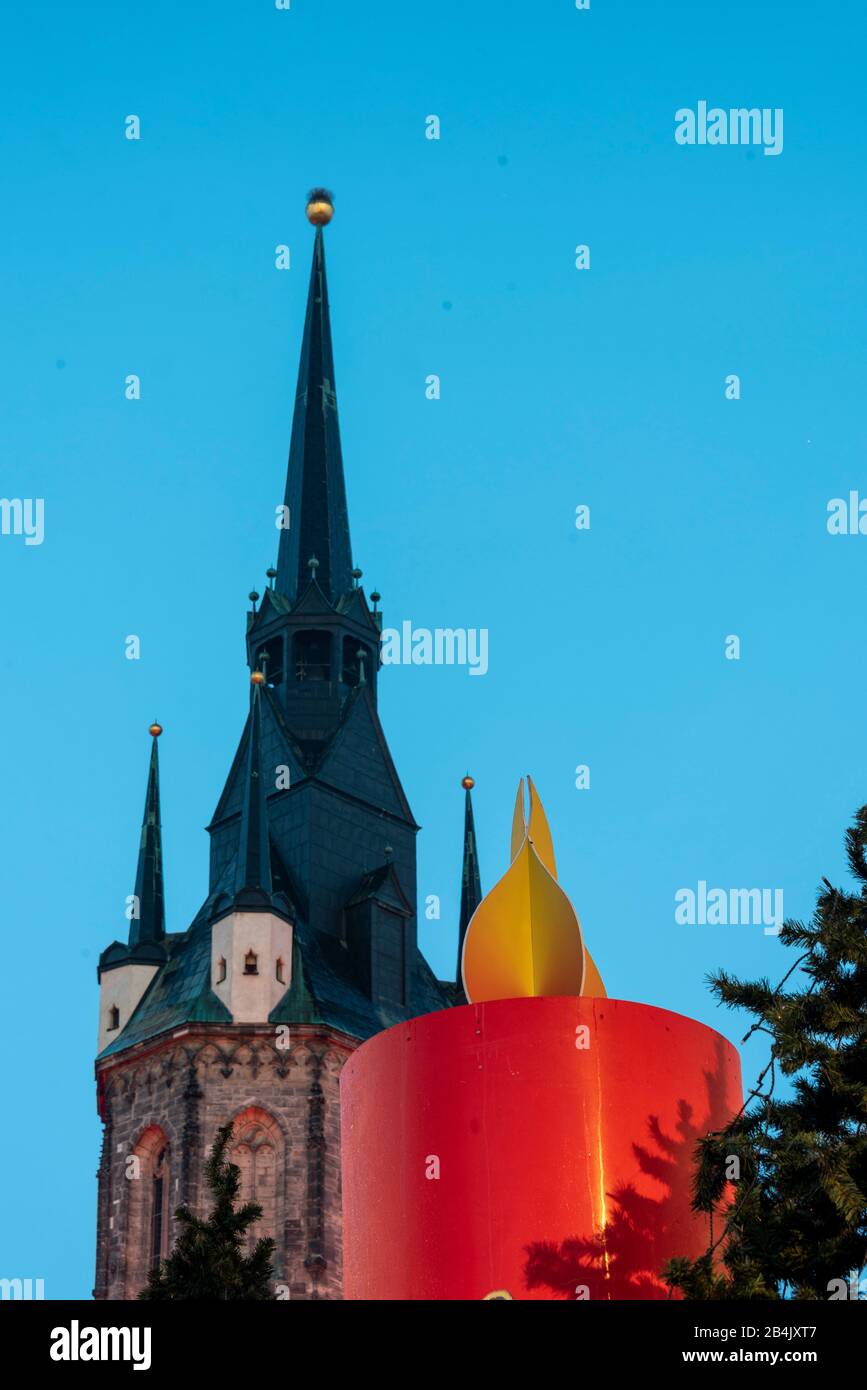 Germany, Saxony-Anhalt, Halle, Red Tower, Advent Candle, Christmas Market, Halle City Hall. Stock Photo