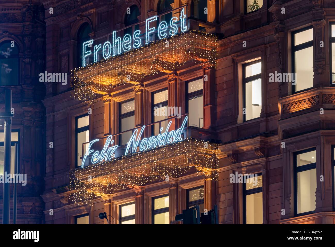 Germany, Hamburg, Hamburger Hof, Christmas wishes multilingual, Alster shore, detail. Stock Photo