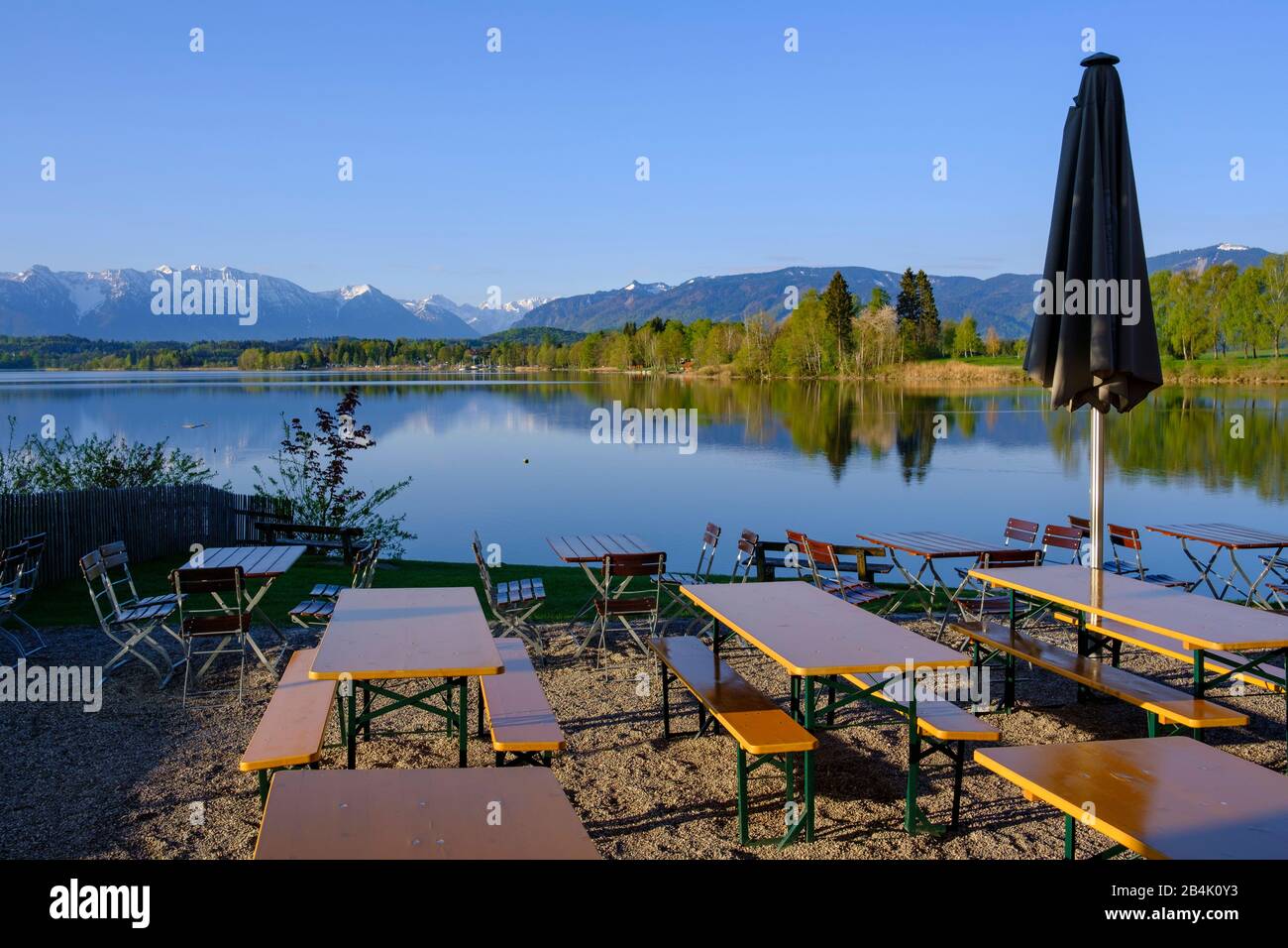 Beer garden Seerestaurant Alpenblick am Staffelsee, Uffing am Staffelsee, Alpine foothills, Upper Bavaria, Bavaria, Germany Stock Photo