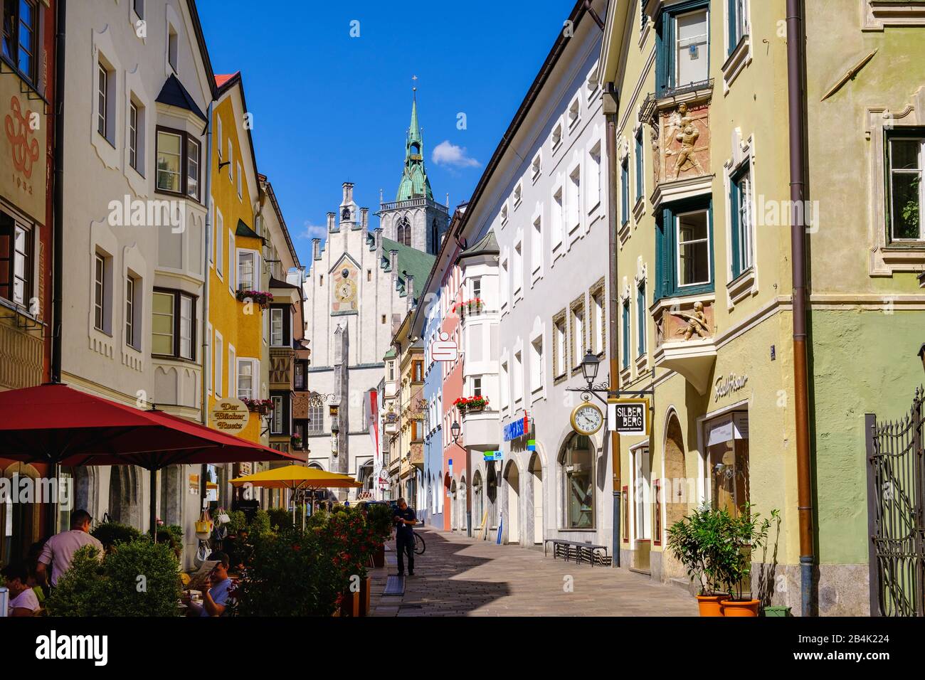 Franz-Josef-Straße with parish church, Old Town Schwaz, Inn Valley, Tyrol, Austria Stock Photo