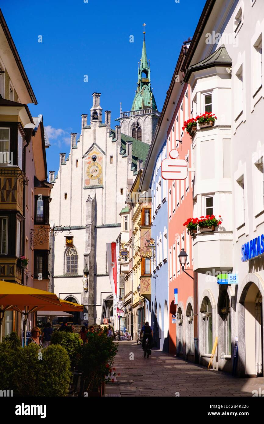 Franz-Josef-Straße with parish church, Old Town Schwaz, Inn Valley, Tyrol, Austria Stock Photo