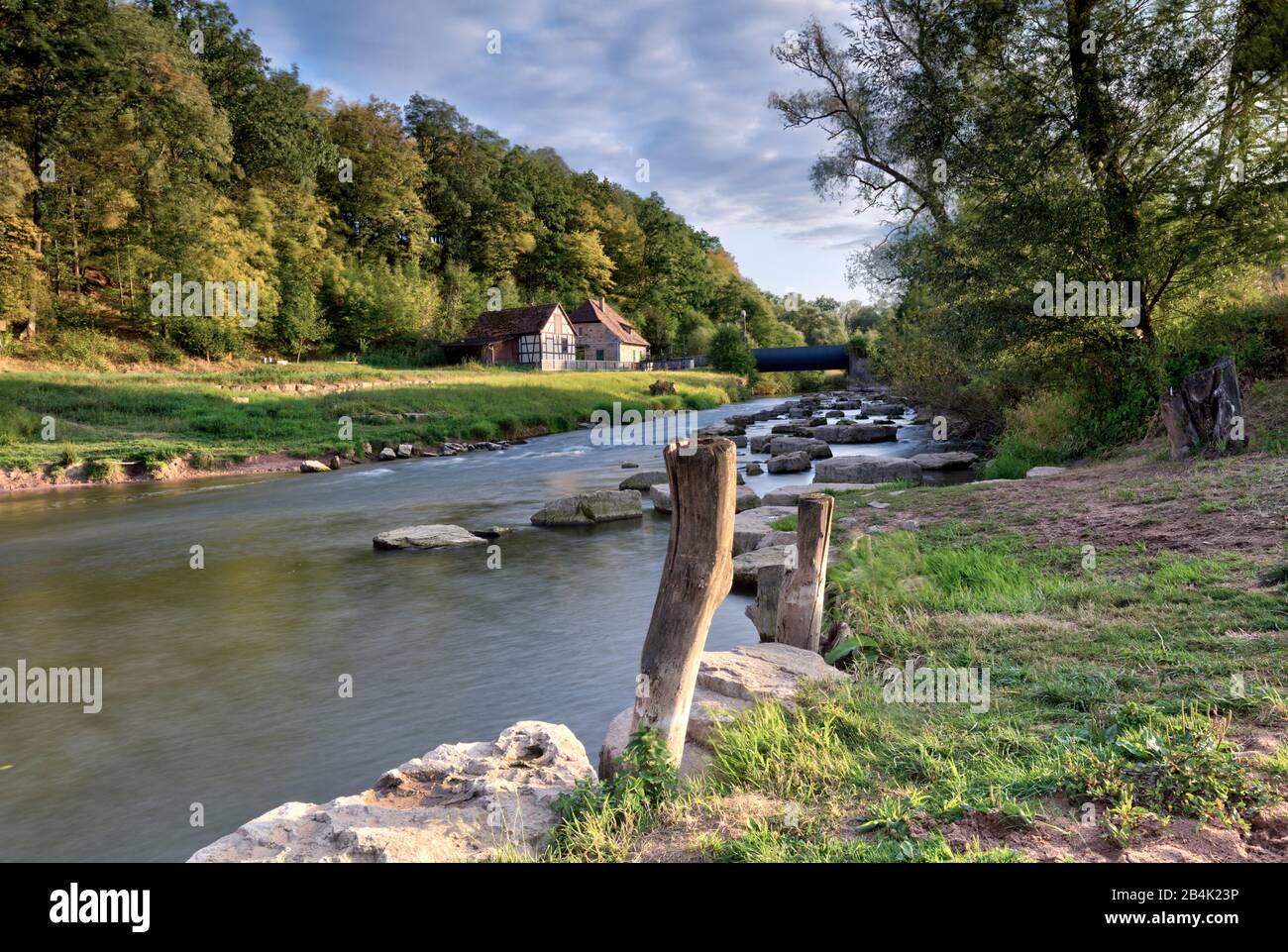 River, Saale, Wehranlage, Rhön, Kleinbrach, Großenbrach, Franconia, Bavaria, Germany, Europe Stock Photo