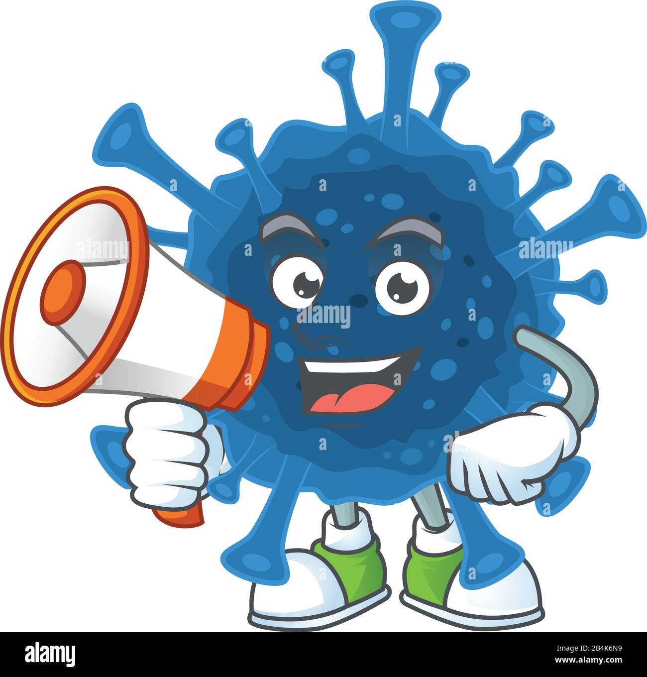 A chilly cartoon character of coronavirus desease with a megaphone Stock Vector