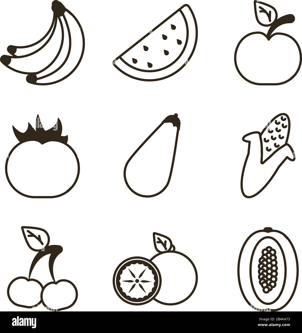 set of icons of fresh fruits and vegetables, line style icon vector ...