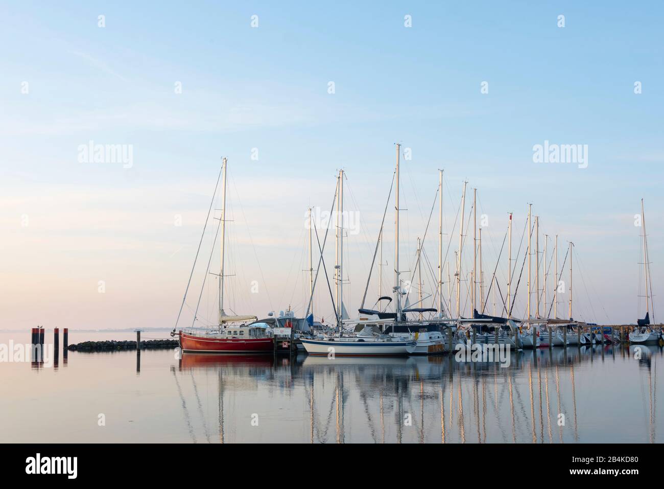 Germany, Mecklenburg-Vorpommern, Hiddensee, sailor harbor monastery, reflection, in the morning. Stock Photo