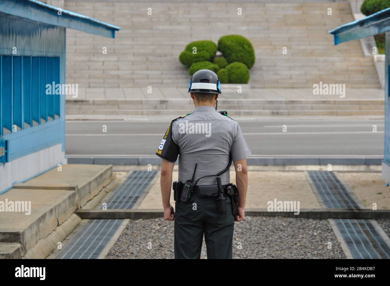 South Korea, Panmunjom, DMZ, South Korean soldier, guards border with North Korea, demilitarized zone. Stock Photo