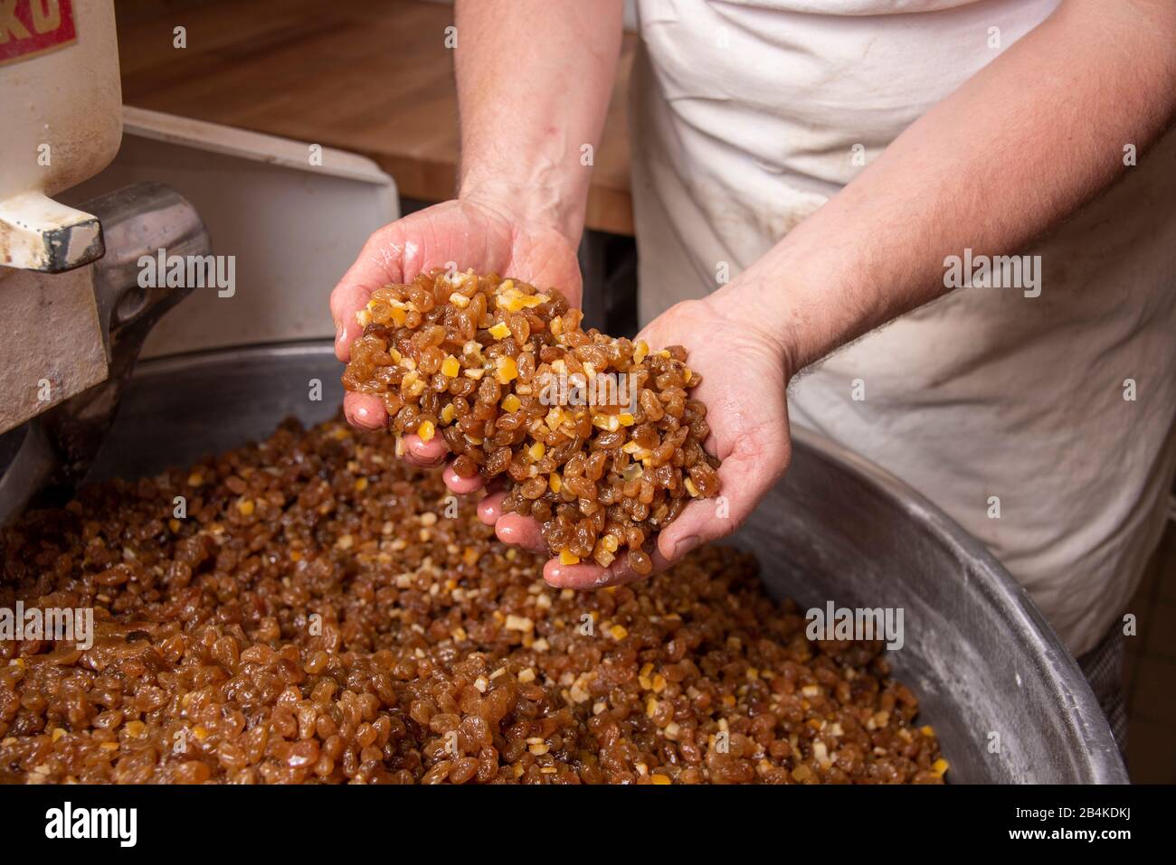 Baker shows sultanas lying in a stirrer. These are among the ingredients needed to make Christmas stollen. Stock Photo