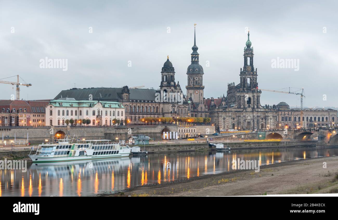Germany, Saxony. Dresden, Art College, Higher Regional Court, Castle Tower and Hofkirche, Old Town, Dresden. Stock Photo
