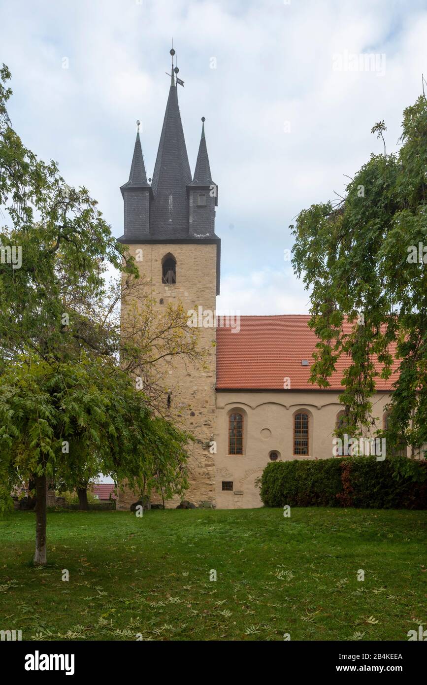 Germany, Saxony-Anhalt, Brumby, overlooking the Protestant village church of St. Peter, near the highway 14, bears the nickname Autobahnkirche Brumby. Stock Photo