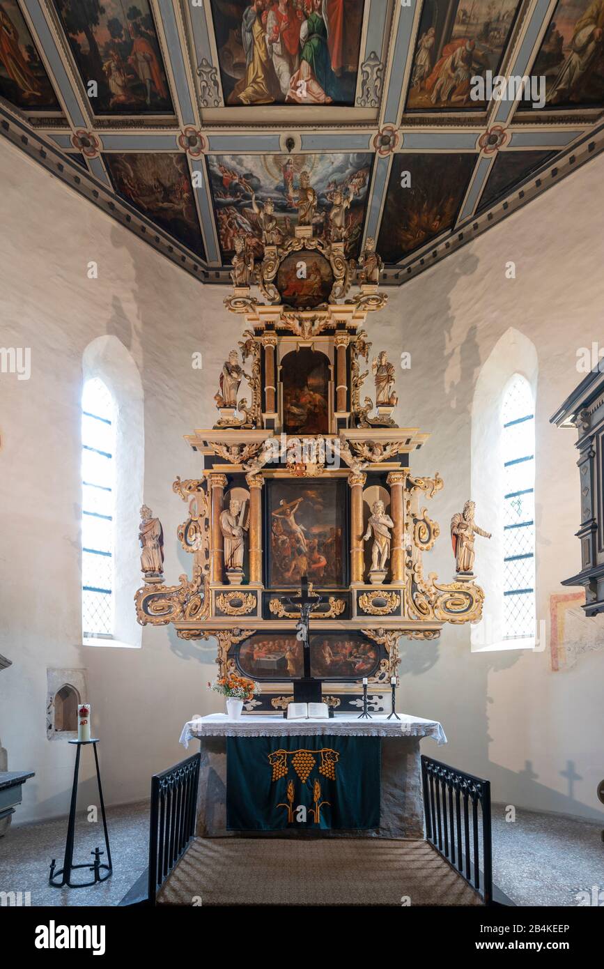 Germany, Saxony-Anhalt, Brumby, view of the altar of the Protestant village church of St. Peter, near the highway 14. It bears the nickname Autobahnkirche Brumby. On the ceiling of the church, single-leaf woodcuts depict scenes from the Bible. Stock Photo