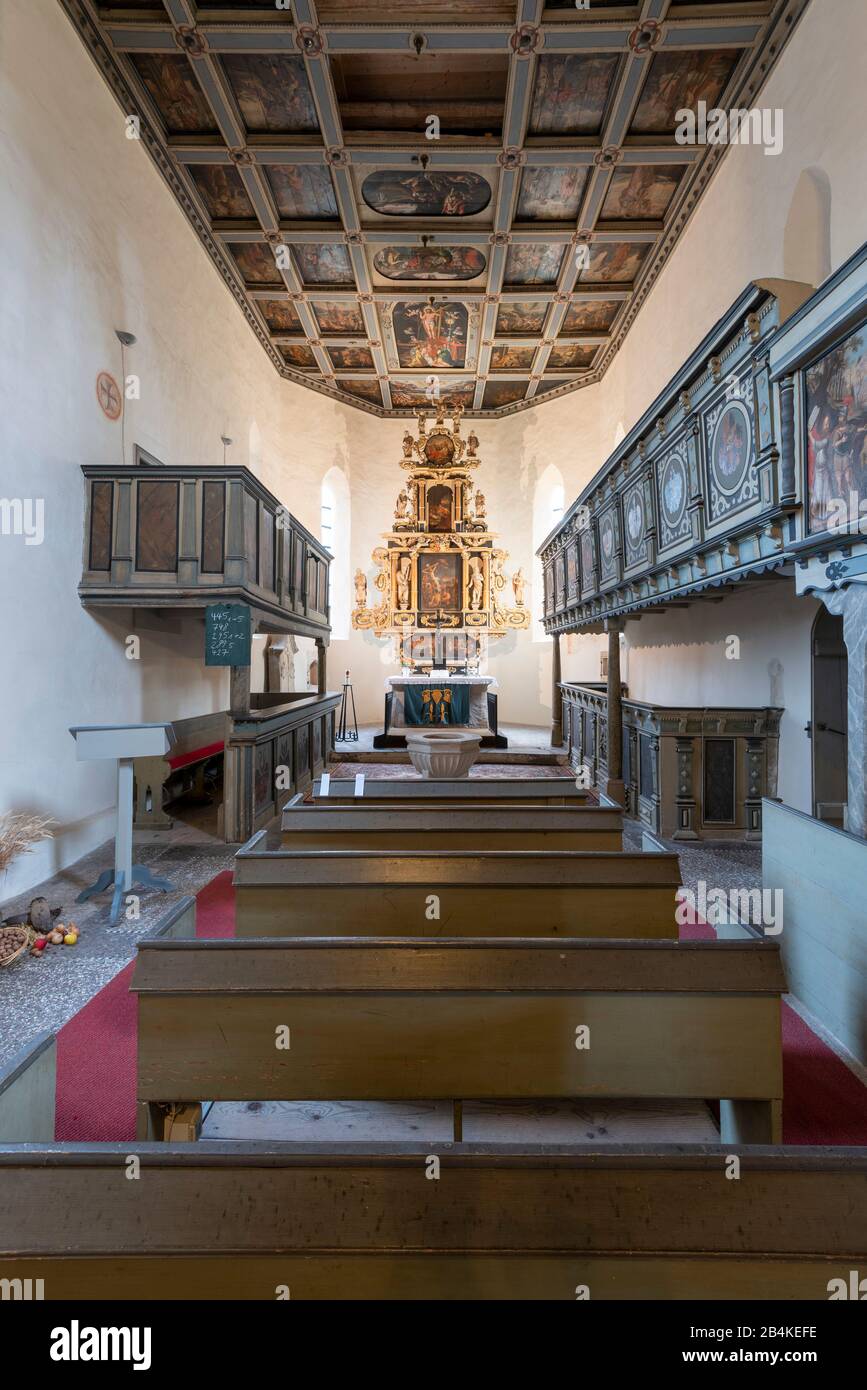 Germany, Saxony-Anhalt, Brumby, view of the Protestant village church of St. Peter, near Highway 14, bears the nickname Autobahnkreuz Brumby. On the ceiling of the church, single-leaf woodcuts depict scenes from the Bible. Stock Photo