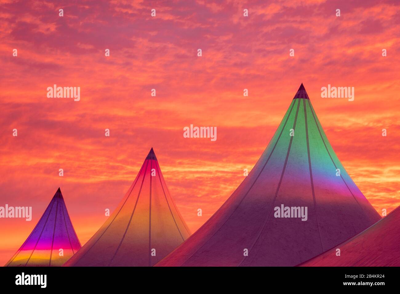 Tents, red sky, sunrise, color explosion. Stock Photo