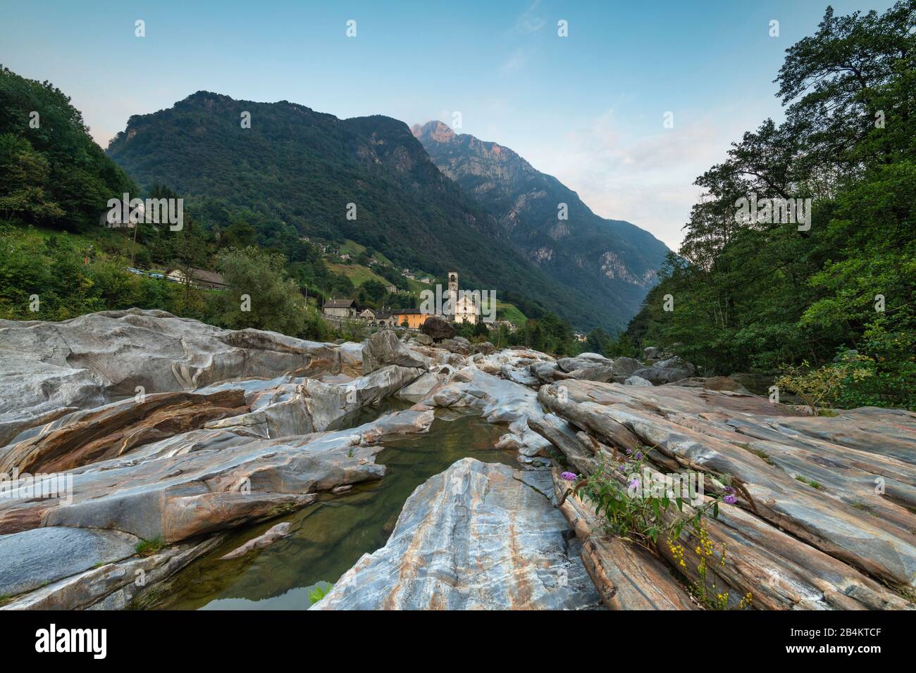Switzerland, Ticino, place Lavertezzo with church, colorful stones in the Verzasca valley Stock Photo