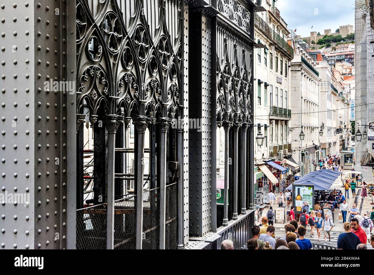 Europe, Portugal, capital city, old town of Lisbon, view from the elevator Elevador de Santa Justa into the shopping street Rua de Santa Justa, on the castle hill the fortress Castelo de Sao Jorge Stock Photo