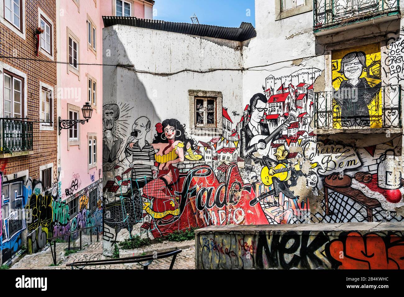 Europe, Portugal, capital city, old town of Lisbon, Mouraria, Escadinhas de Sao Cristovao, Mural, tells the story of the Fado Stock Photo