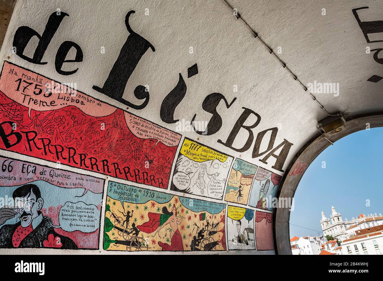 Europe, Portugal, capital, Lisbon old town, Alfama, Rua Norberto de Araujo, pedestrian tunnel with mural, Historia