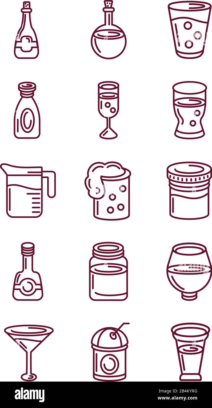 beverages and drinks icons set, line style, vector illustration Stock ...
