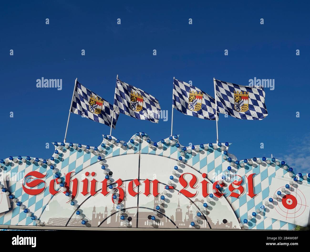 Germany, Bavaria, Munich, Oktoberfest, shooting gallery Schützen Liesl, Bavaria flag, detail Stock Photo