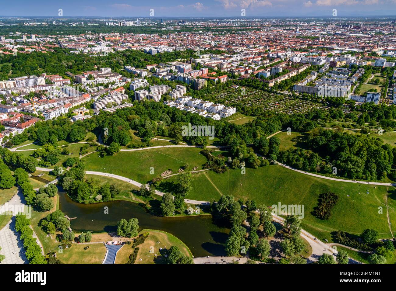 Deutschland, Bayern, Oberbayern, München, Olympiagelände, Blick vom Olympiaturm Stock Photo