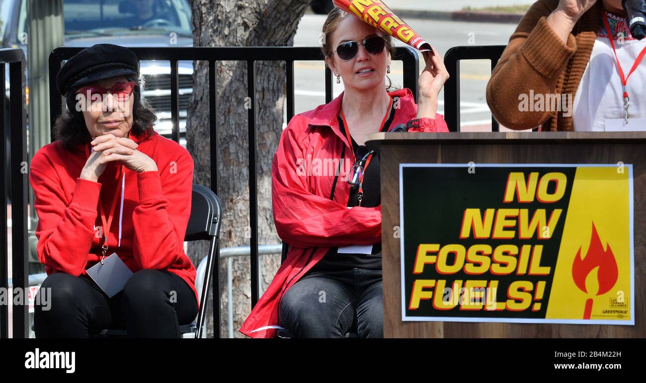 Wilmington, United States. 06th Mar, 2020. Actresses Lily Tomlin and Jane Fonda listen to comments by activists during Jane Fonda's monthly Fire Drill Fridays in San Pedro, California on Friday, March 6, 2020. Photo by Jim Ruymen/UPI Credit: UPI/Alamy Live News Stock Photo