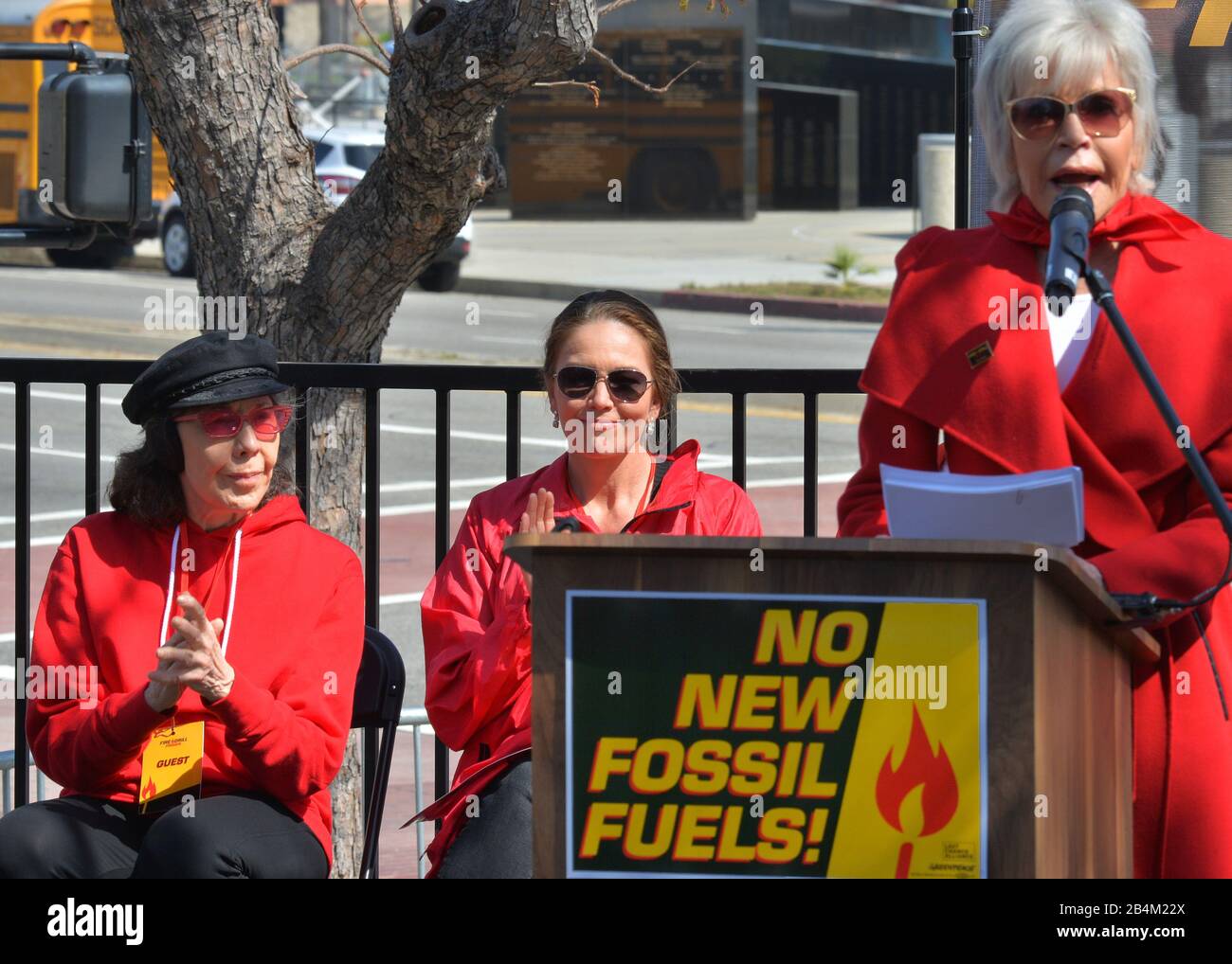 Wilmington, United States. 06th Mar, 2020. Actress Jane Fonda addresses environmental activists as part of her monthly Fire Drill Fridays during a rally in San Pedro, California on Friday, March 6, 2020. Looking on are actresses Lily Tomlin (L) and Diane Lane. Photo by Jim Ruymen/UPI Credit: UPI/Alamy Live News Stock Photo